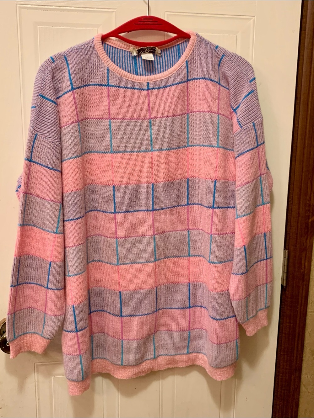 Vintage 80s Pastel Grid Checkered Oversized Sweater 2X Acrylic Knit Pink Blue